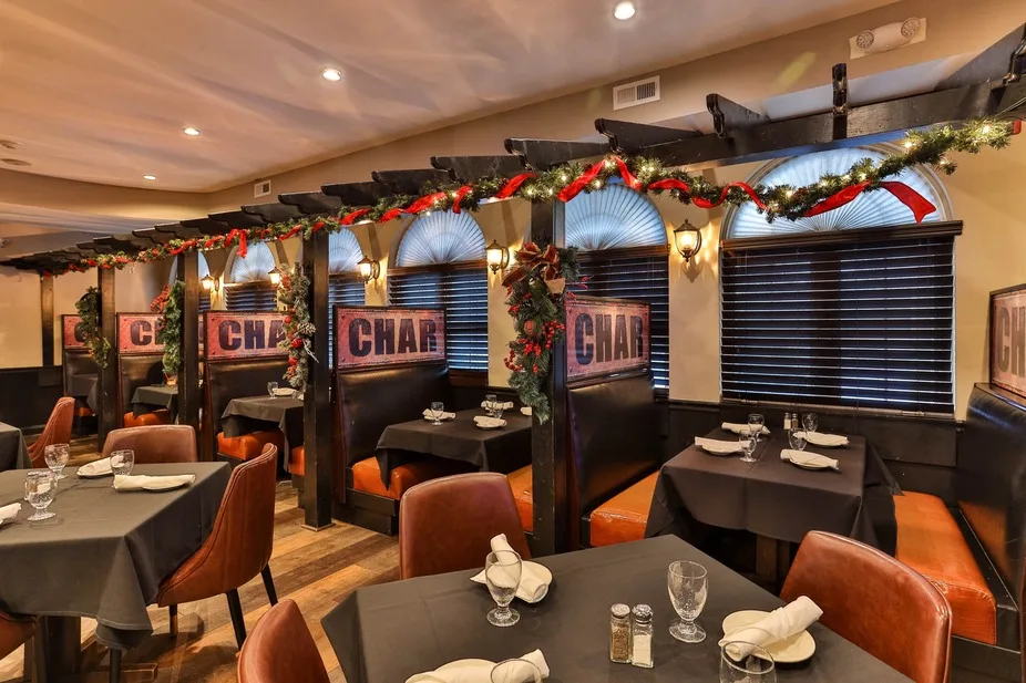 Char dining room decorated for the holidays