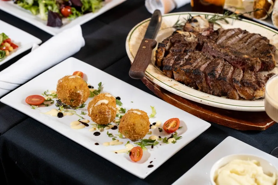 Fried appetizers and steak