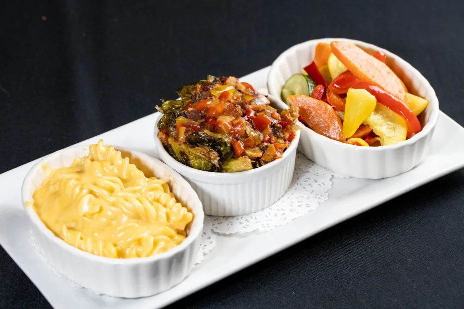 Mac and cheese, brussels sprouts and vegetables