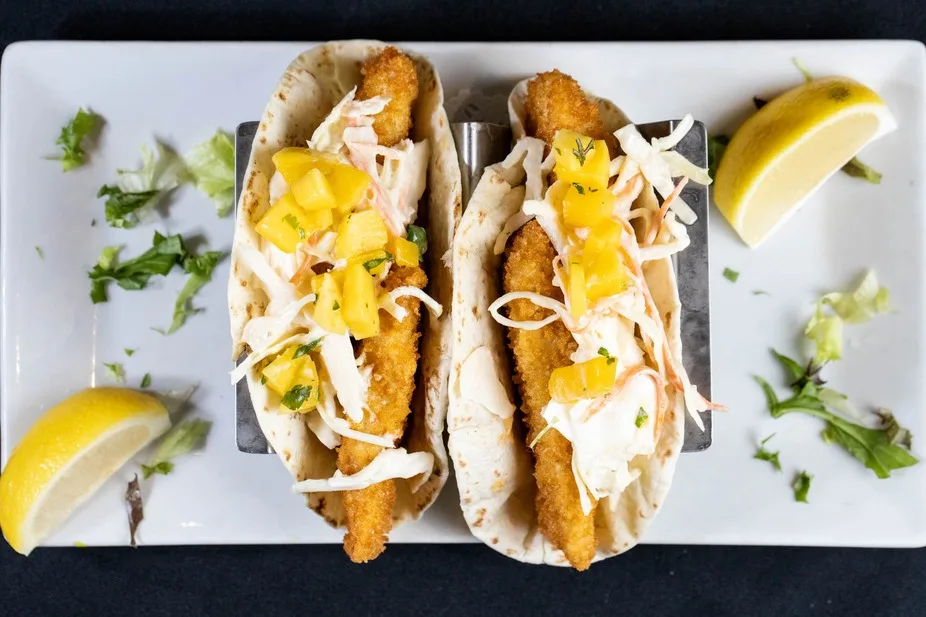 Crispy fish tacos with mango salsa