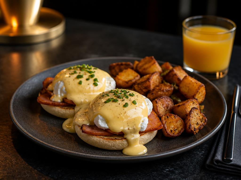 Eggs Benedict with hollandaise and breakfast potatoes